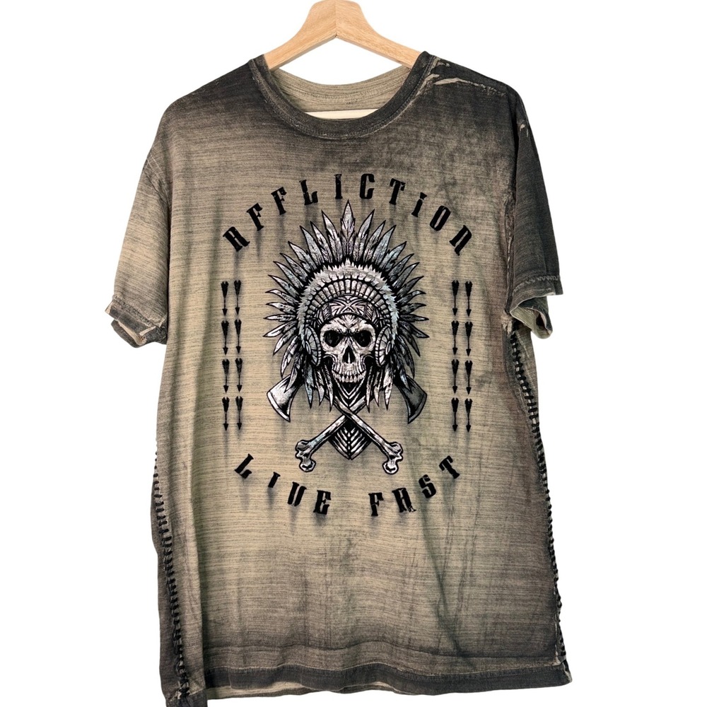 Affliction Distressed Olive Green Graphic Skull Tee